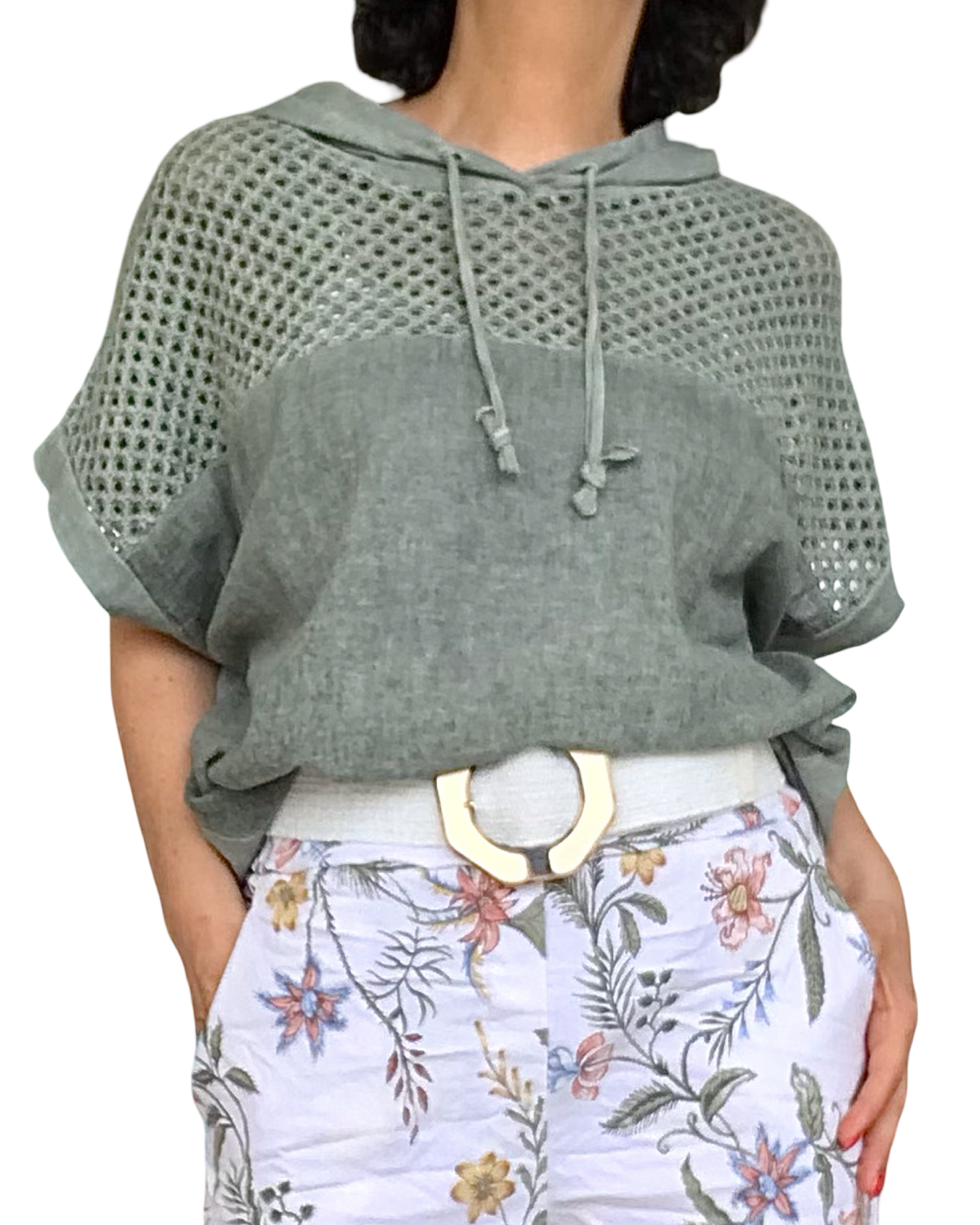 T-shirt kaki délavé avec un cordon au bas, un capuchon et du crochet dans le haut
