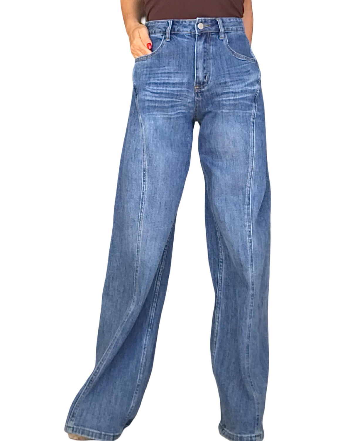 Jeans large bleu moyen délavé taille au nombril avec surpiqûre le long de la jambe – vue de face