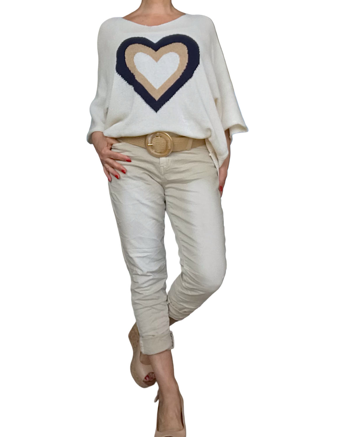 Chandail tricot vanille col en V manche courte avec un cœur au milieu