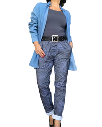 Pantalon à taille élastique marbré bleu jeans et gris avec cordon à la taille