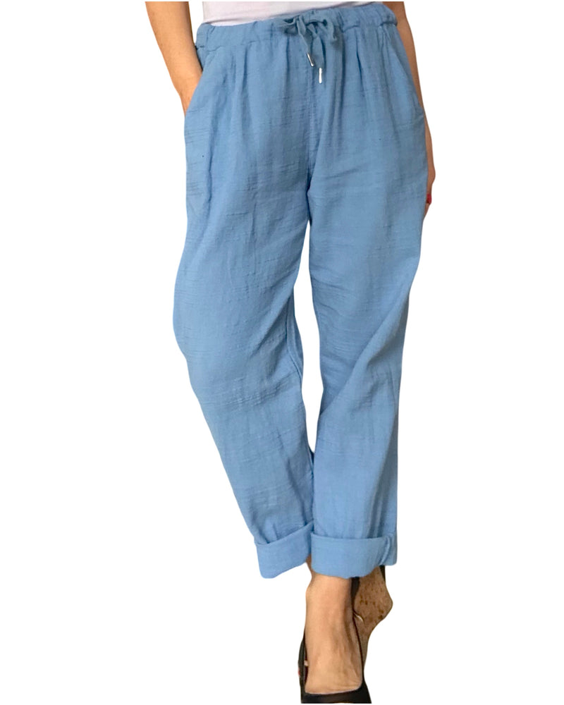 Pantalon bleu à taille élastique avec cordon tissus texturé