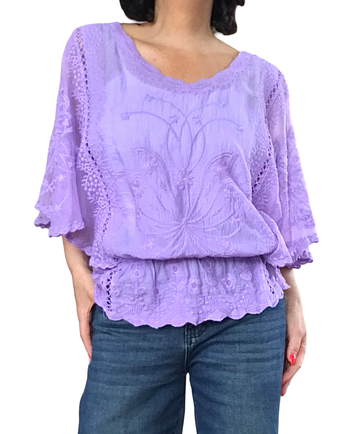 Blouse en voile lilas, dentelle et broderie, élastique à la taille