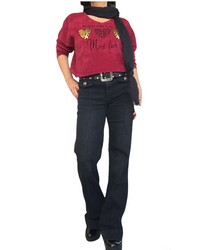 Chandail rouge vin col en V en velours chenille avec 3 cœurs