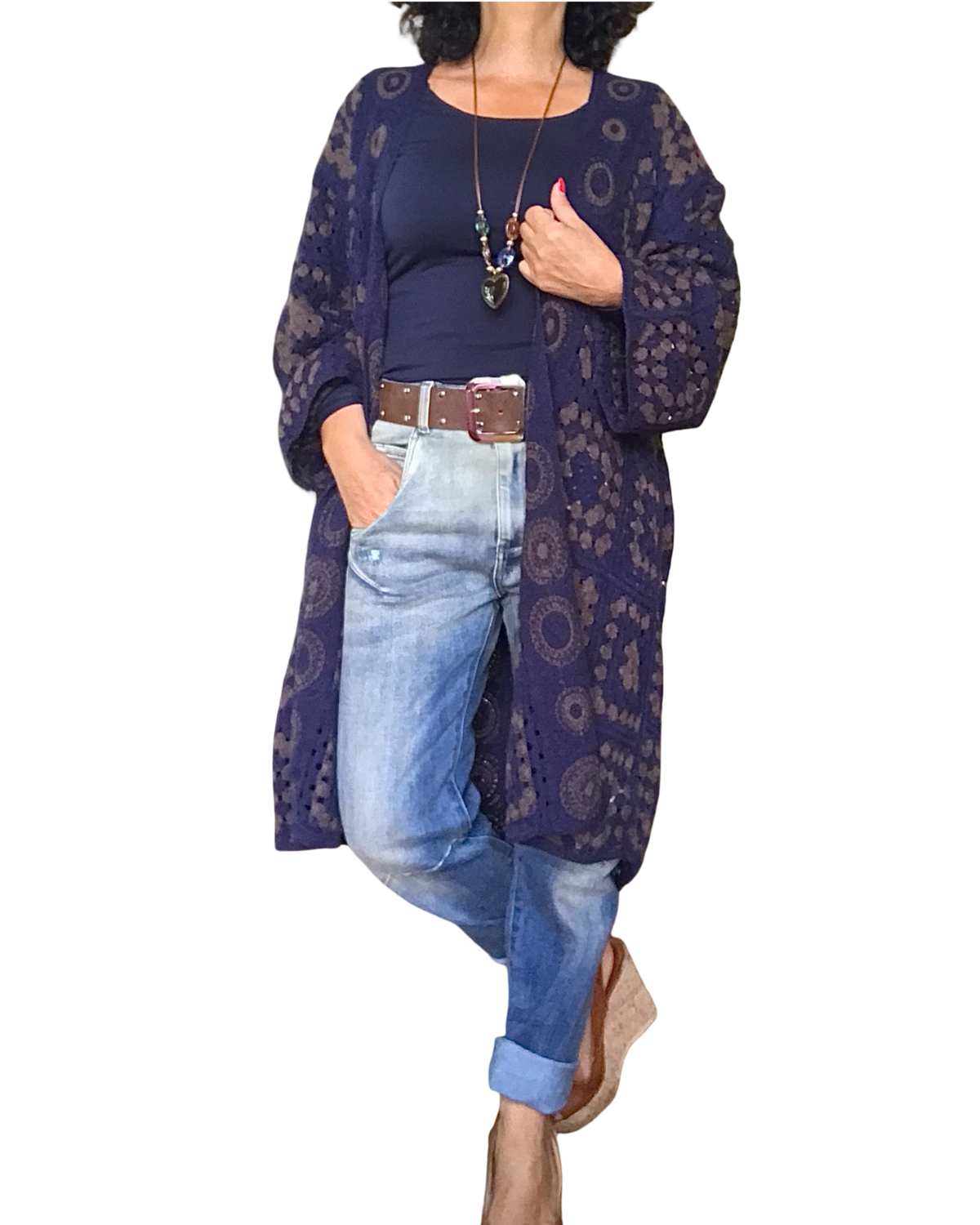 Cardigan long en crochet marine et brun