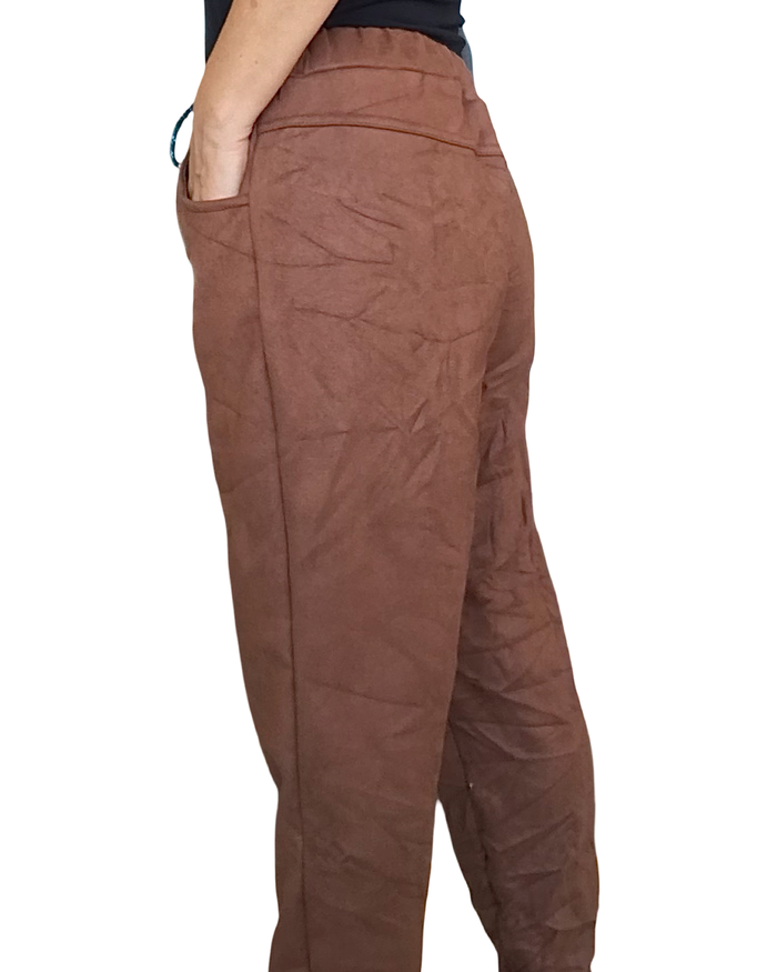 Pantalon noisette en ultra suède à taille élastique avec cordon noir – photo 3