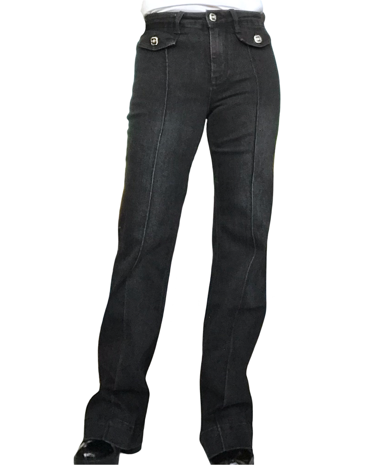 Jeans noir jambe droite avec sur picure le long de la jambe