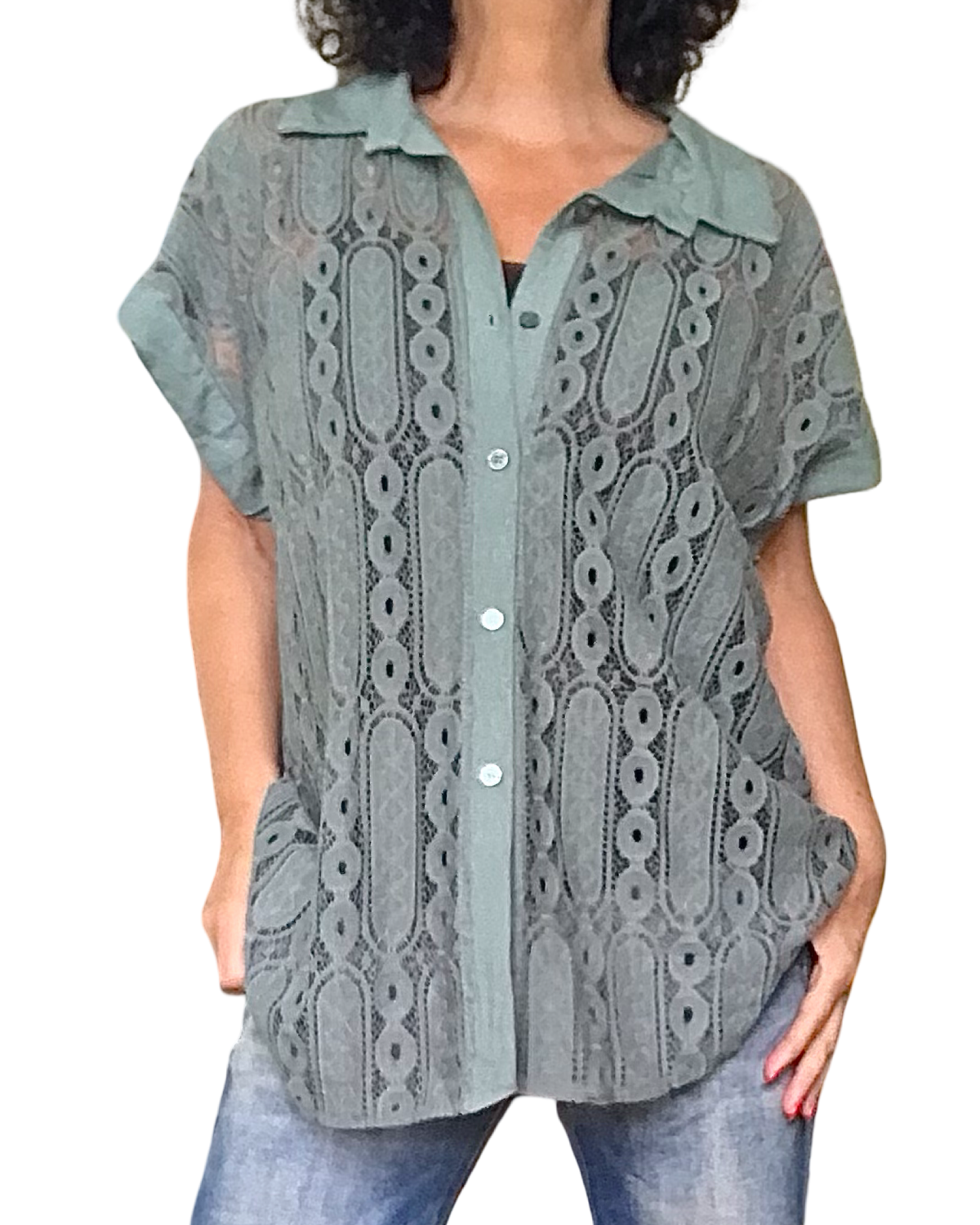 Chemise en dentelle kaki manche courte