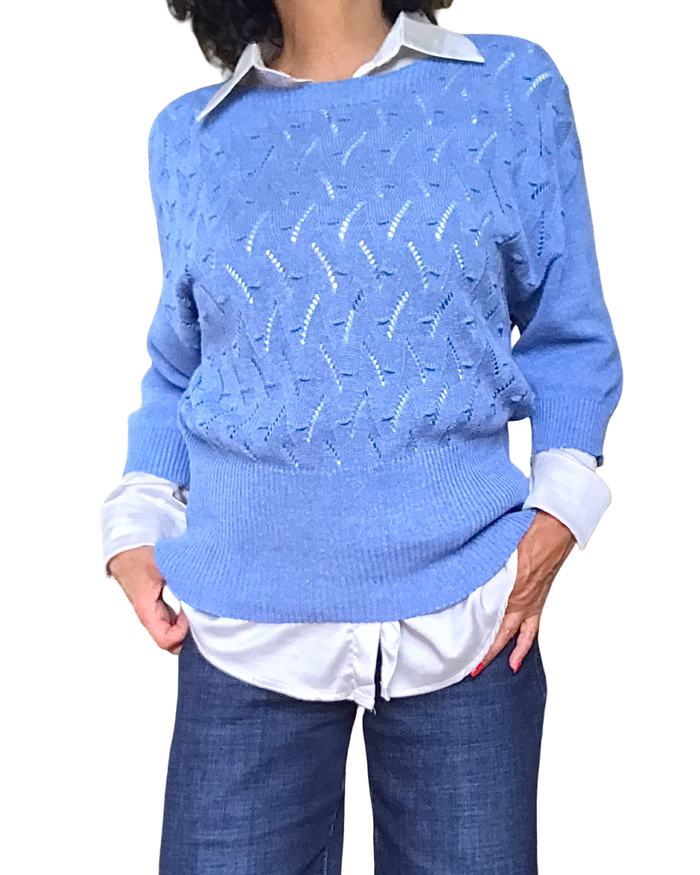 Chandail de tricot bleu jeans pointelle, manche 3/4