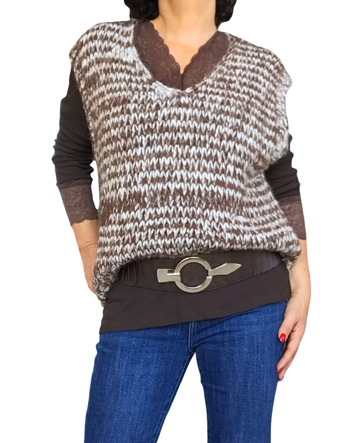 Débardeur en tricot col en V chiné brun et crème