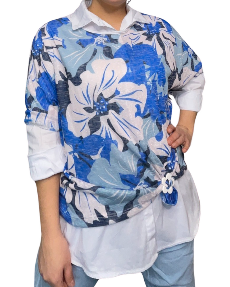 T-shirt femme imprimé de fleurs bleues et blanches avec boucle d'ajustement, chemise blanche et pantalons bleu ciel