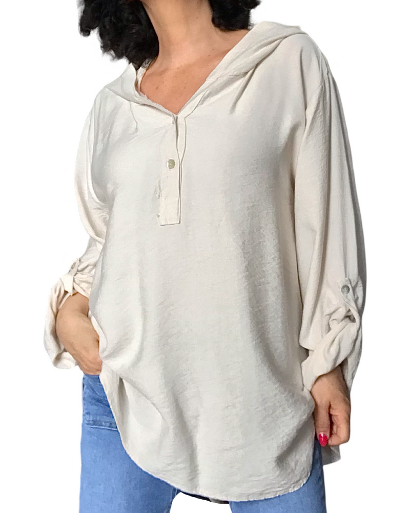 Blouse unie manches 3/4 avec capuchon beige