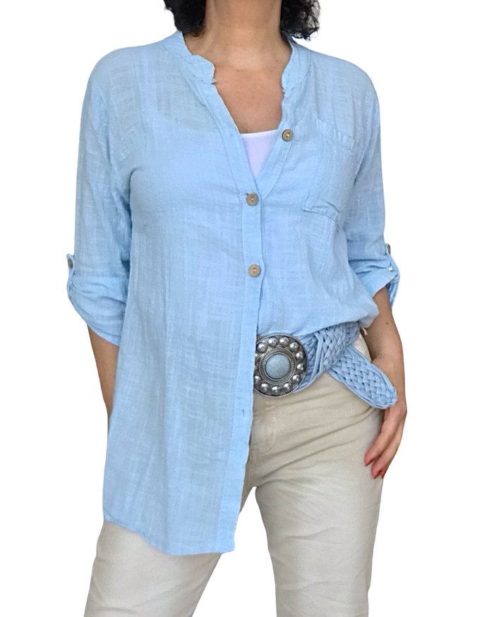 Chemise bleu ciel unie à manche 3/4 col mao