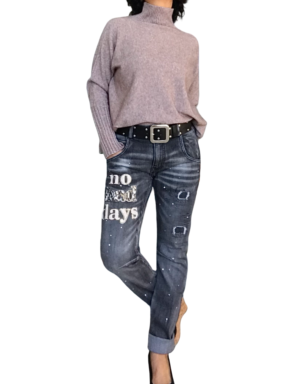 Jeans boyfriend noir délavé « no bad days »