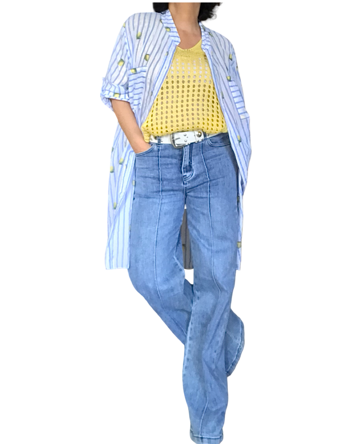 Chemise longue blanche à rayures bleu jeans imprimé de citrons