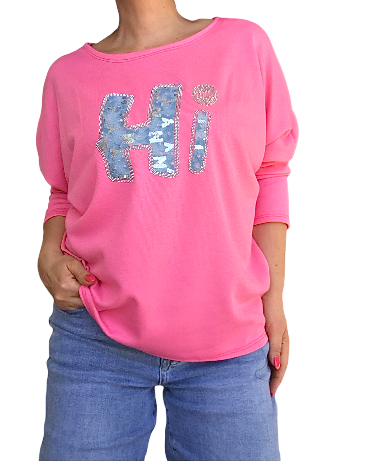 T-shirt manche longue avec un appliqué « HI » corail