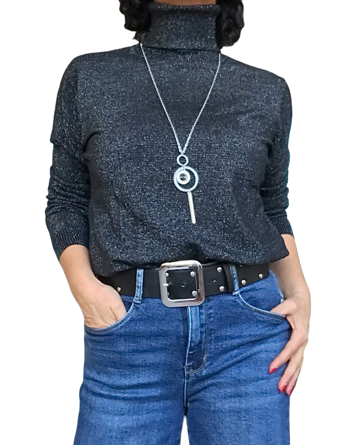 Chandail col roulé uni noir avec lurex argenté