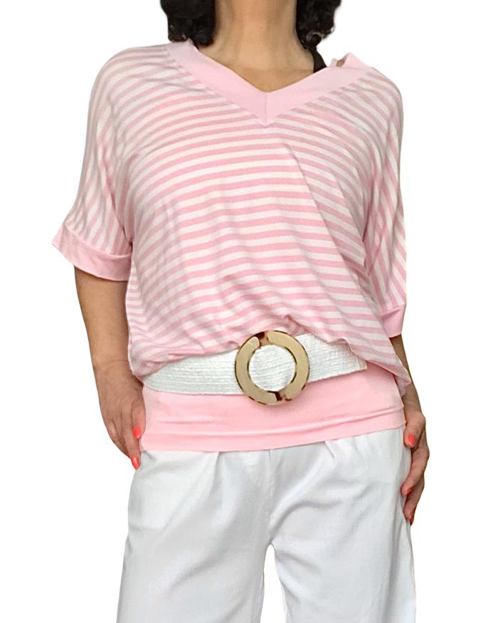 T-shirt rayé blanc et rose manche courte col en V
