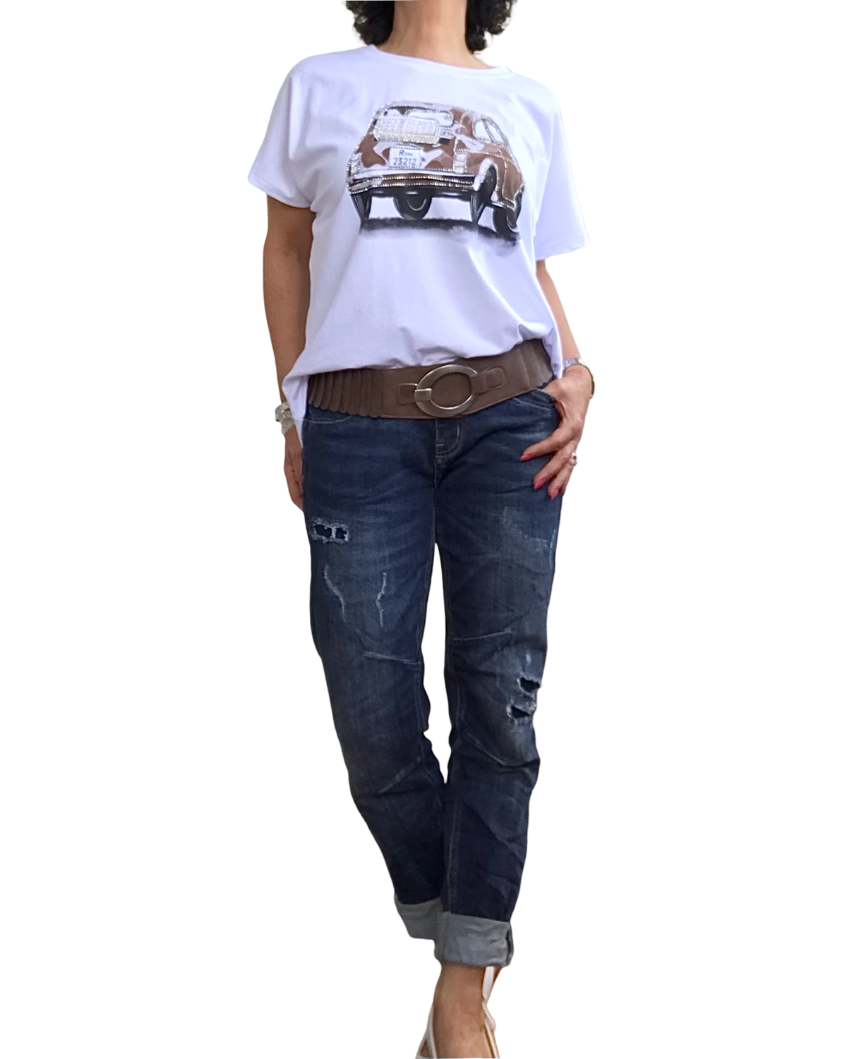 T-shirt blanc Fiat 500 brune– éclat chic et confort estival | Livraison 27 Mai