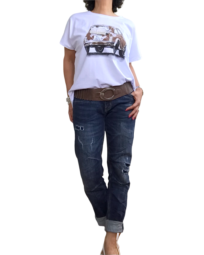 T-shirt blanc Fiat 500 brune– éclat chic et confort estival | Livraison 27 Mai