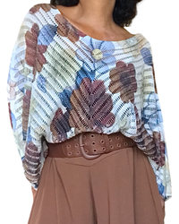 Chandail en mailles avec imprimé de fleurs brunes , bleu et beige