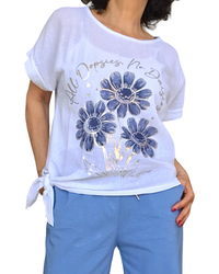 Blouse blanche manche courte avec 3 marguerites marines