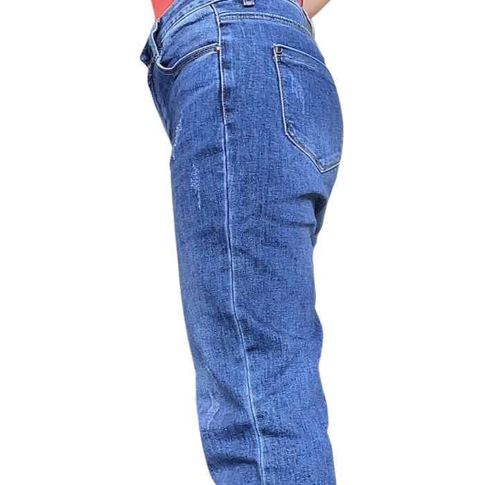 Jeans bleu moyen jambe droite 31 pouces de jambe avec égratignures de coté