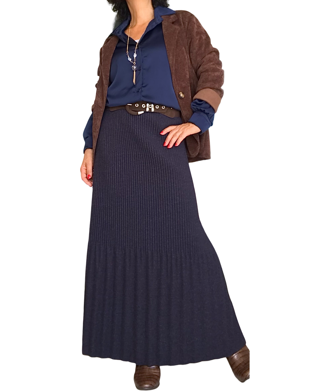 Jupe longue en tricot marine chiné