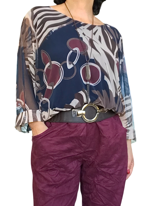 Blouse manches 3/4 en voile imprimé zébré et cercle noué au bas