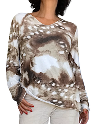 T-shirt manche longue imprimé arty blanc, brun, Camel et beige