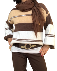 Chandail col rond en tricot à rayures brune et camel avec ceinture brune élastique 