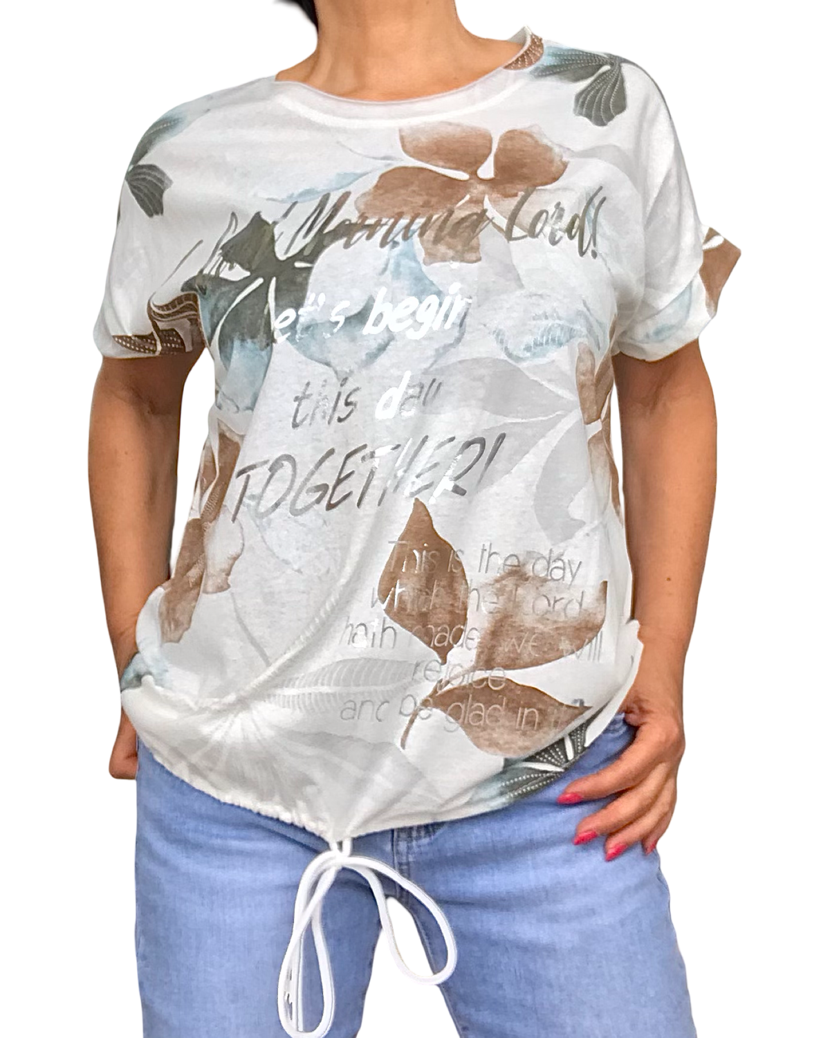 T-shirt col rond cordon au bas – imprimé fleuri kaki, sarcelle et noisette
