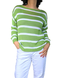Chandail en tricot manches longues col rond à rayures blanche et vert pomme