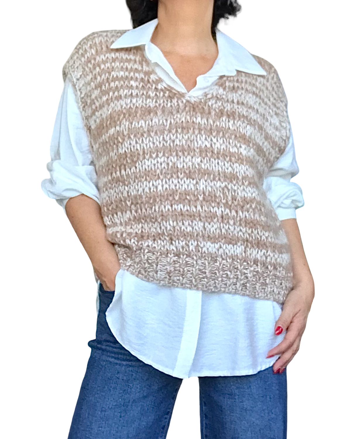 Débardeur en tricot col en V chiné camel et crème