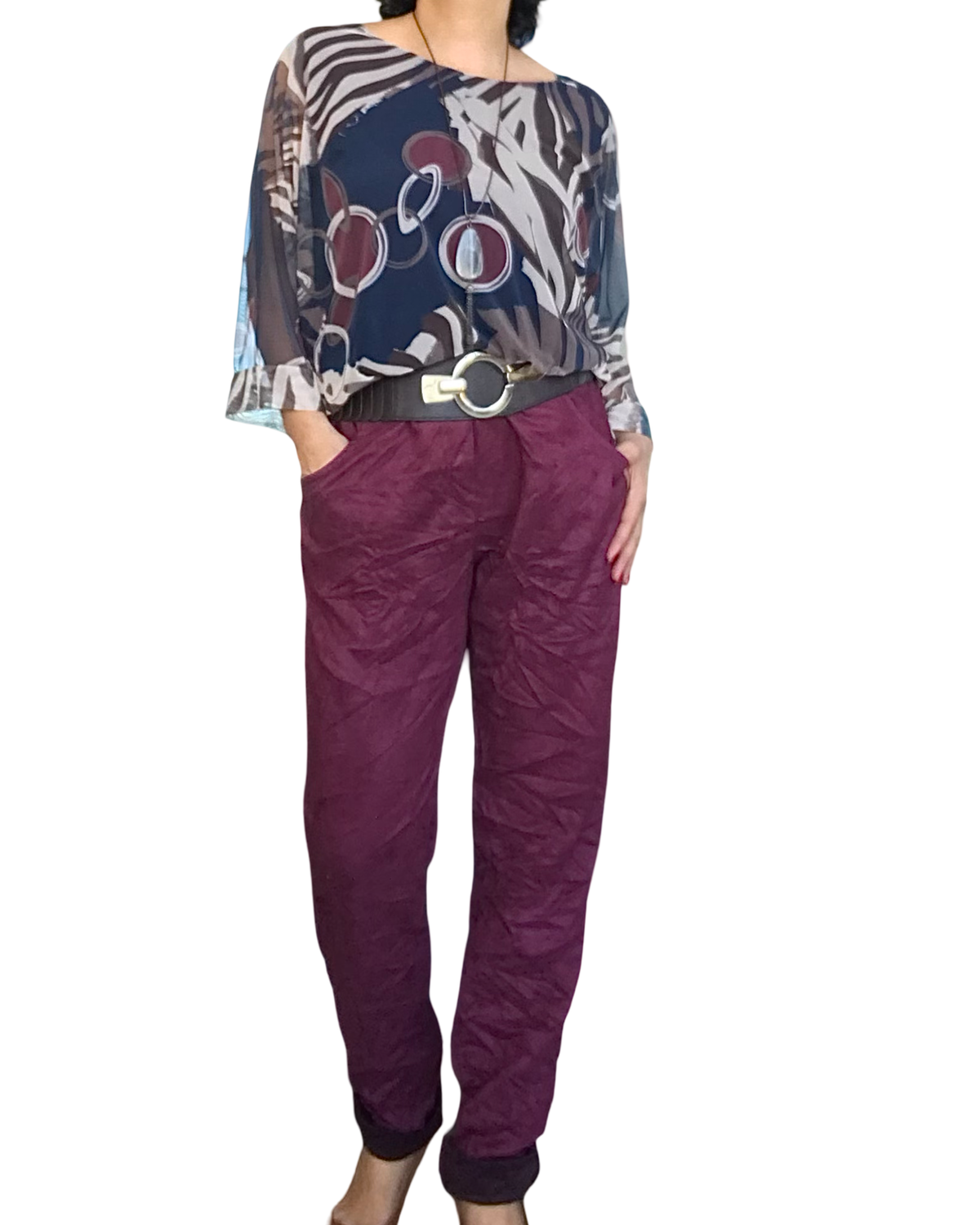 Blouse manches 3/4 en voile imprimé zébré et cercle noué au bas