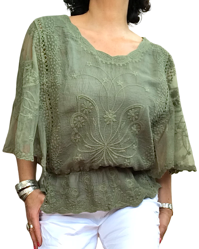 Blouse en voile kaki, dentelle et broderie, élastique à la taille | Livraison 27 Mai