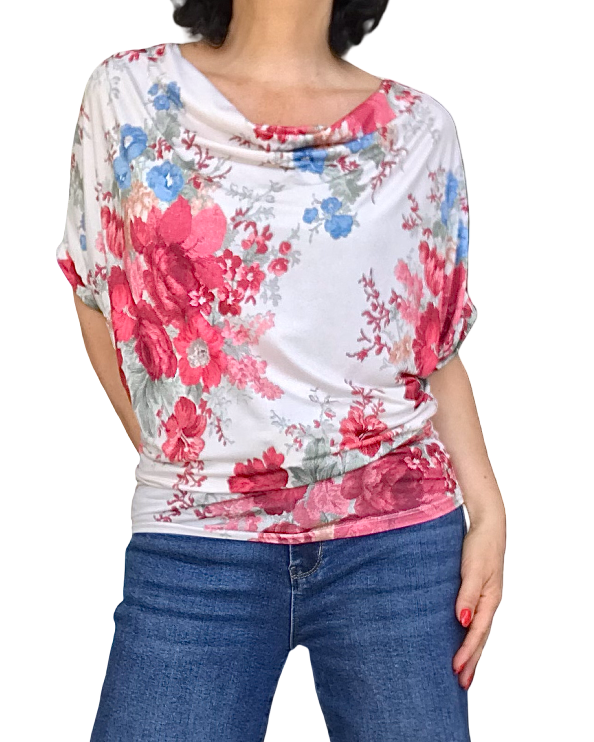 T-shirt fleuri rouge col baveu, plissé sur les côtés