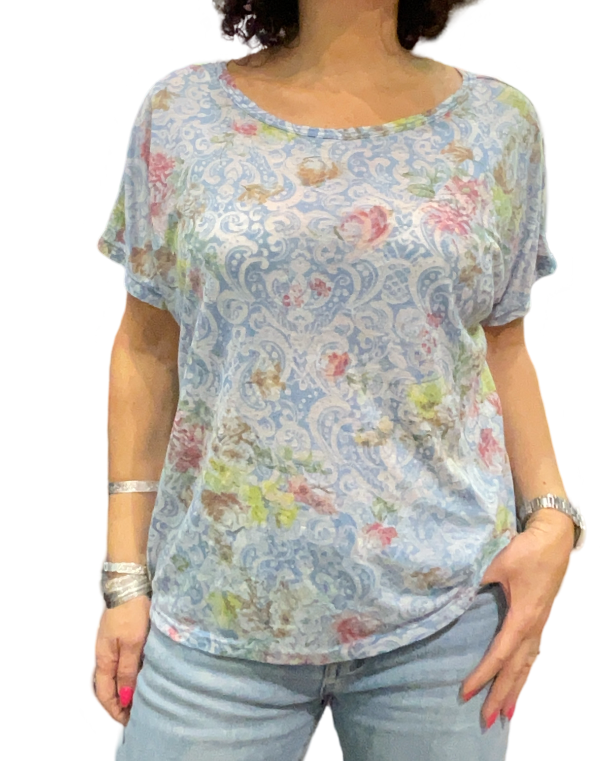 T-shirt fleuri en burnt out col en rond