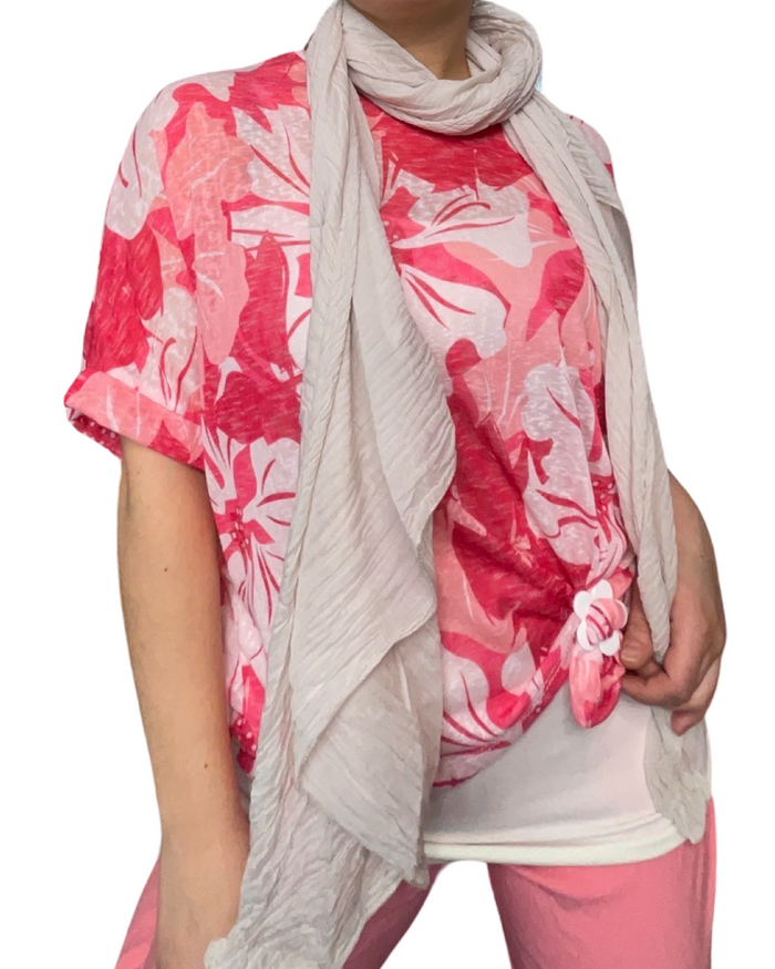 T-shirt femme imprimé de fleurs corail et rose avec foulard, camisole gainante, boucle d'ajustement et pantalons corail