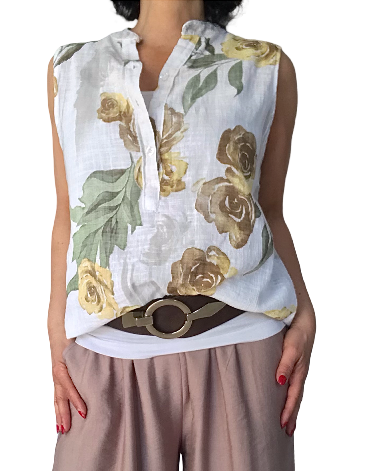 Blouse blanche sans manche grosses fleurs jaune, noisette et kaki