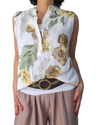 Blouse blanche sans manche grosses fleurs jaune, noisette et kaki