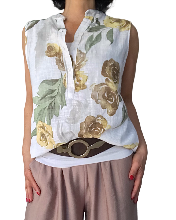 Blouse blanche sans manche grosses fleurs jaune, noisette et kaki