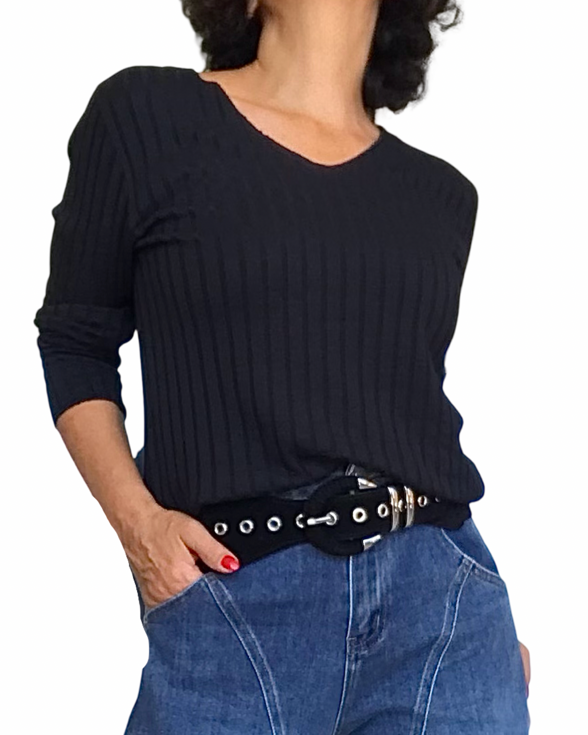 Chandail uni noir en rib col en V manche longue