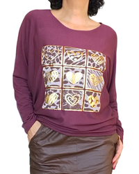 Chandail en tricot uni bourgogne avec dessin de cœurs dorés, manche longue chauve souris