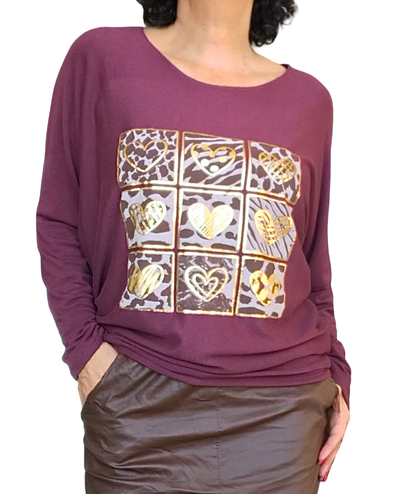 Chandail en tricot uni bourgogne avec dessin de cœurs dorés, manche longue chauve souris