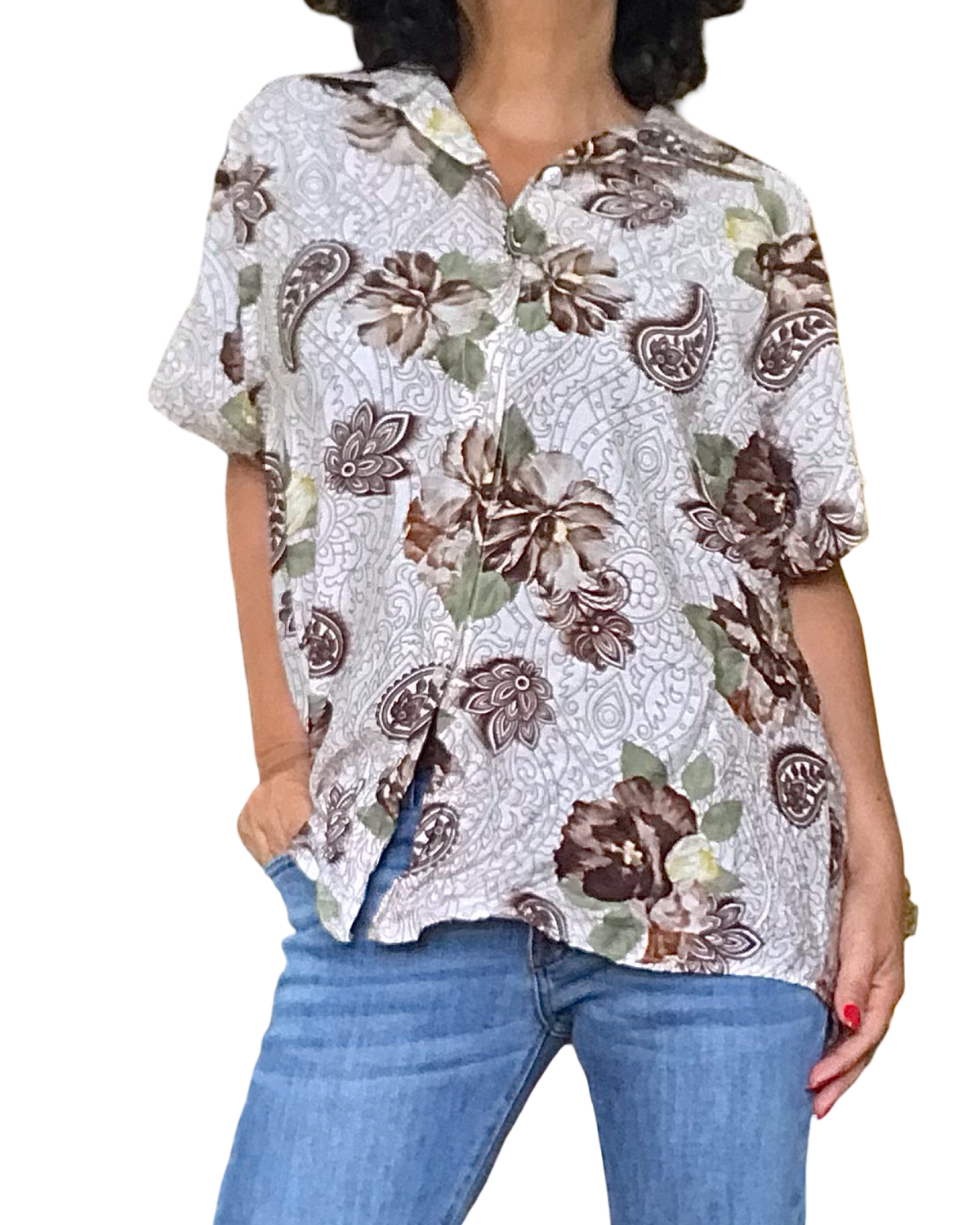 Chemise crème fleurie brun et kaki manche courte