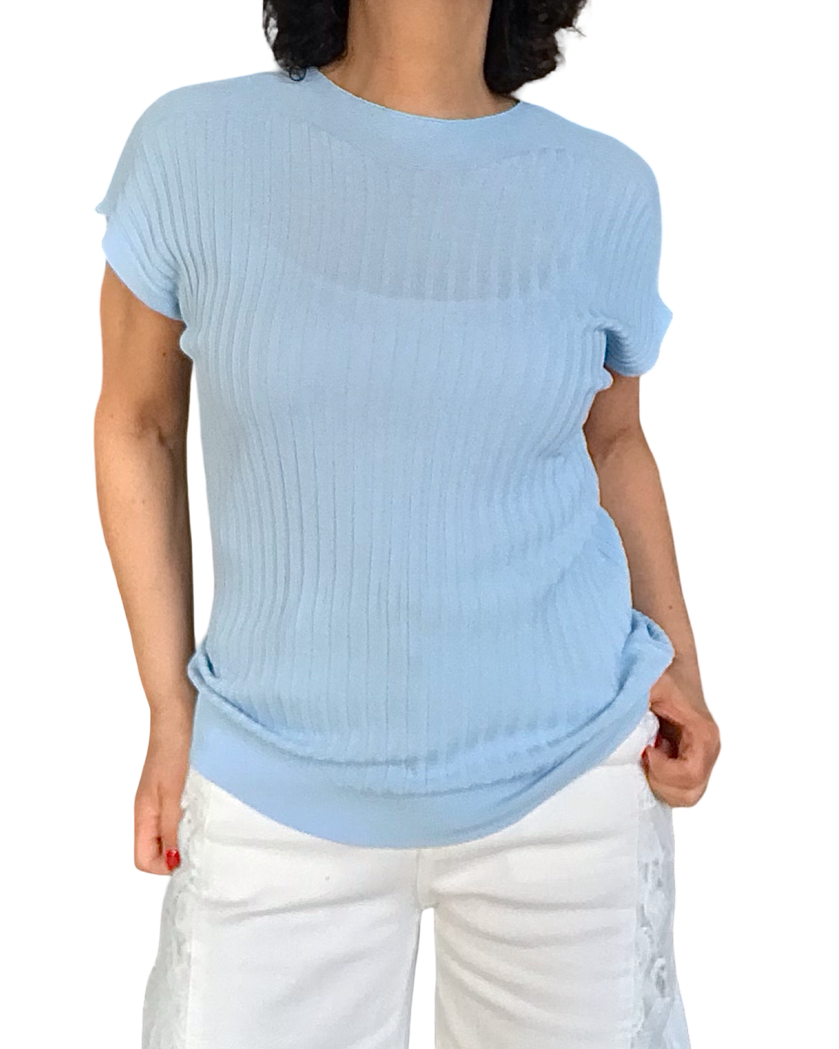 T-shirt côtelé uni bleu ciel col rond