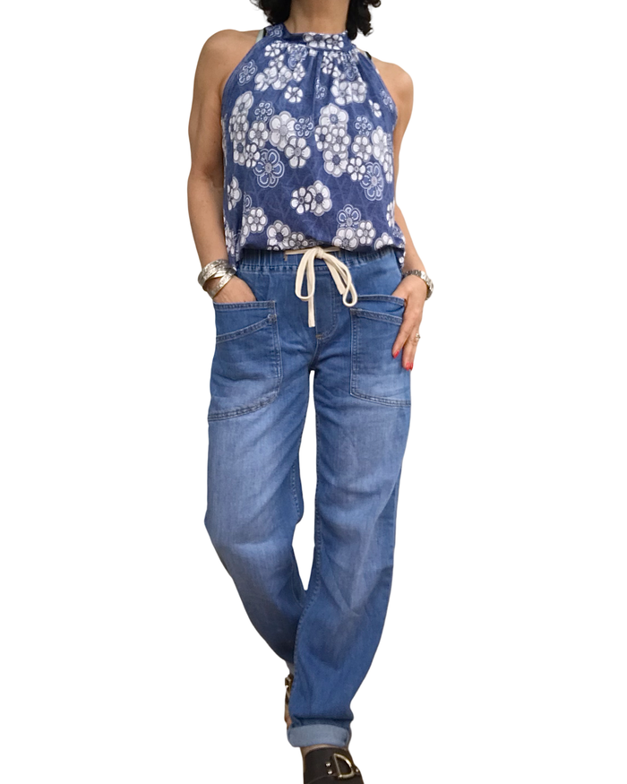 Camisole noué au cou bleu jeans à fleurs blanche(Livraison 8 juin)