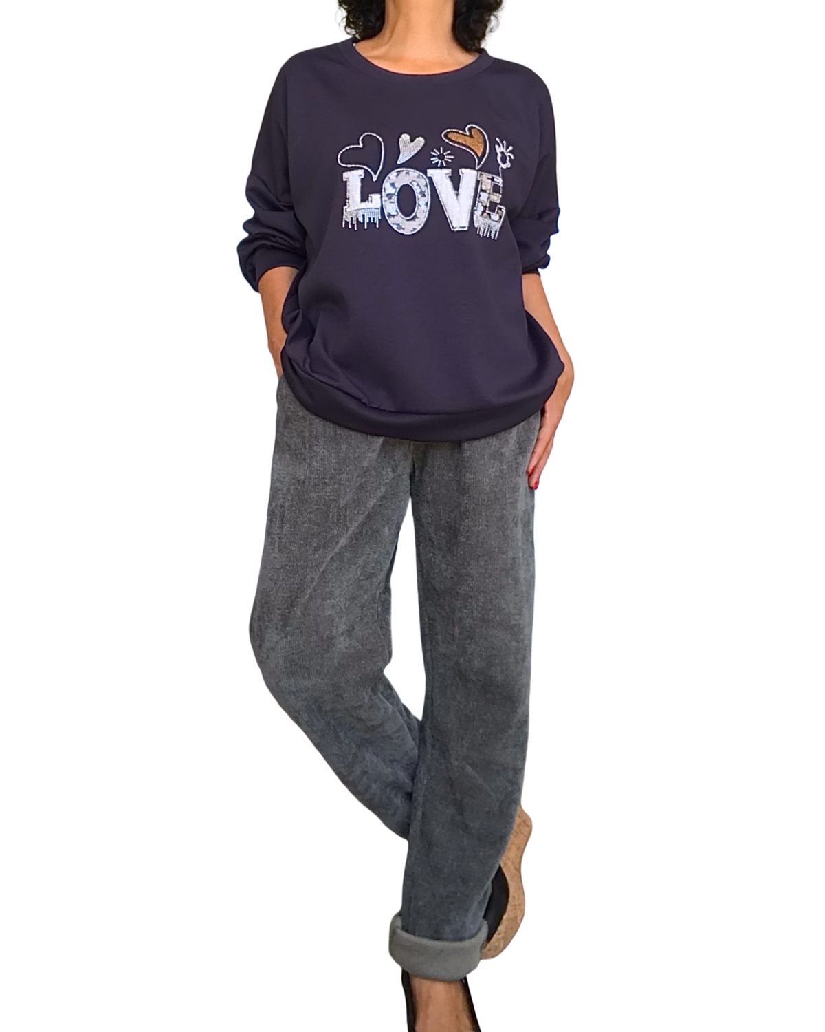 Chandail uni marine col rond en jersey « Love »
