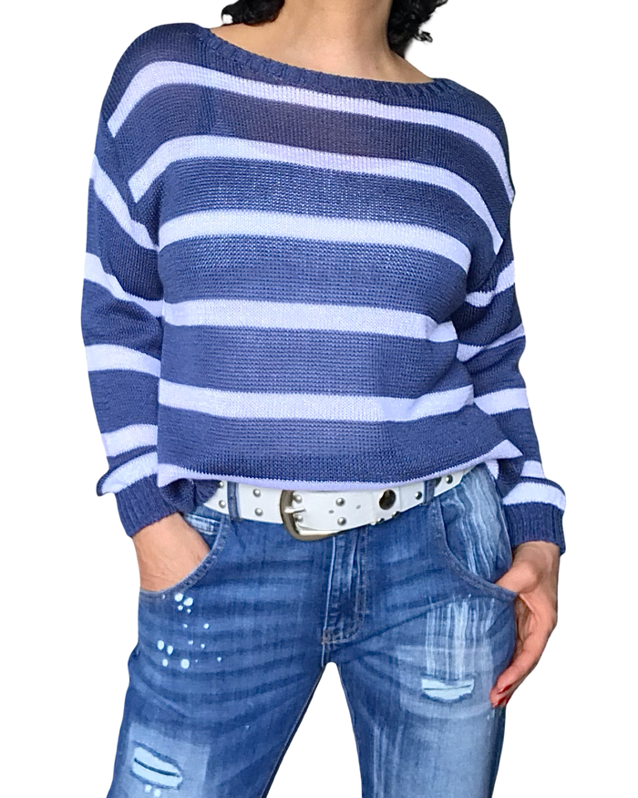 Chandail en tricot manches longues col rond à rayures blanche et bleu jeans