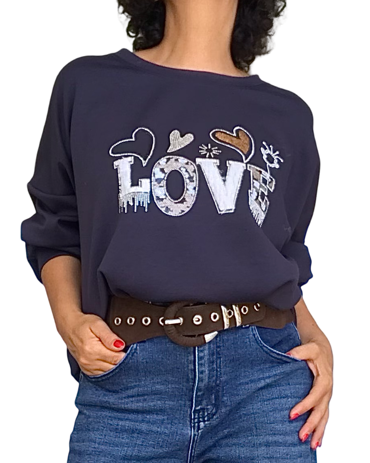 Chandail uni marine col rond en jersey « Love »